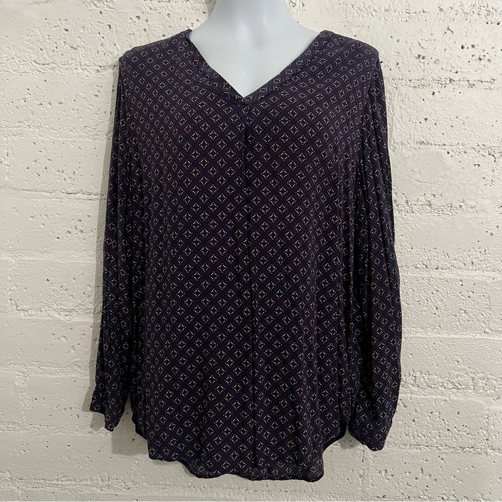 Brina & EM Womens Top XXL Blue Geometric Long Sleeve V Neck 100% Rayon Blouse AU